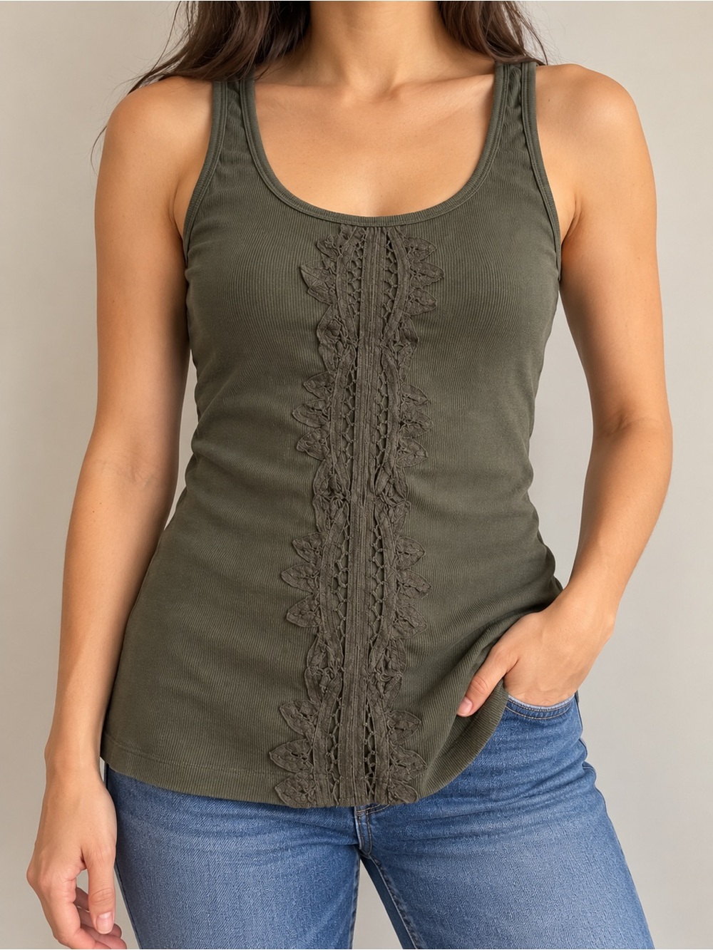Old Navy Olive Crochet-Front Ribbed Tank Top
